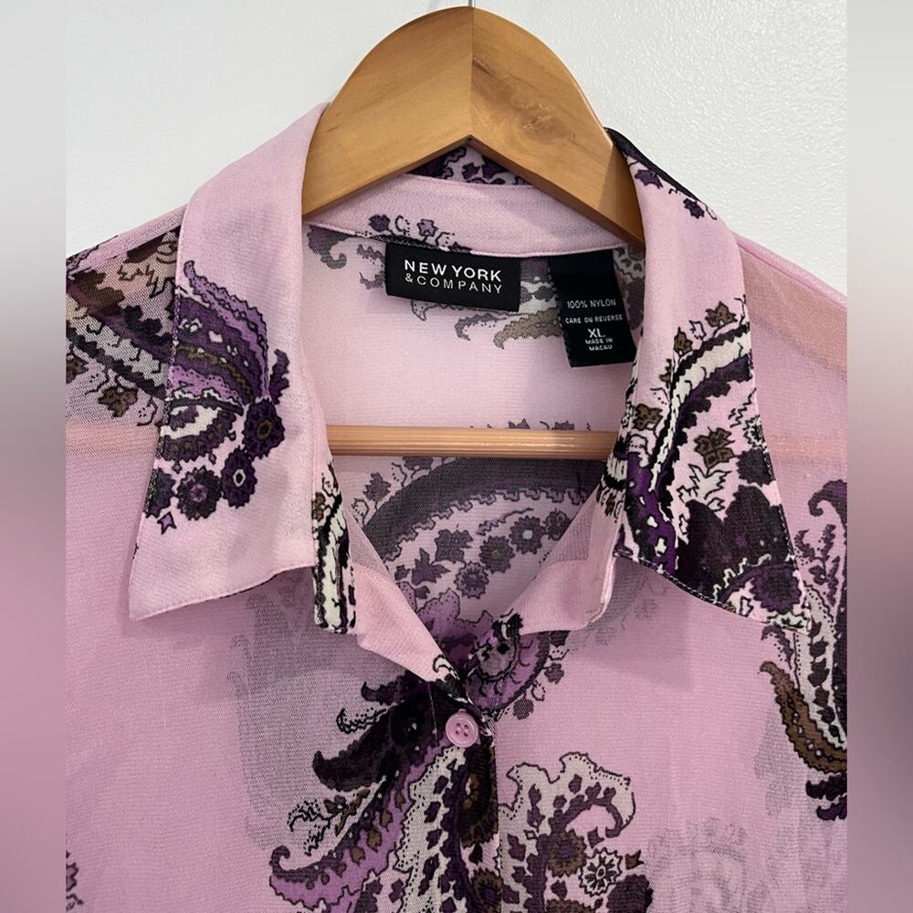 New York & Company Sheer Paisley Button Down Blouse XL Y2K Retro - Picture 2 of 8